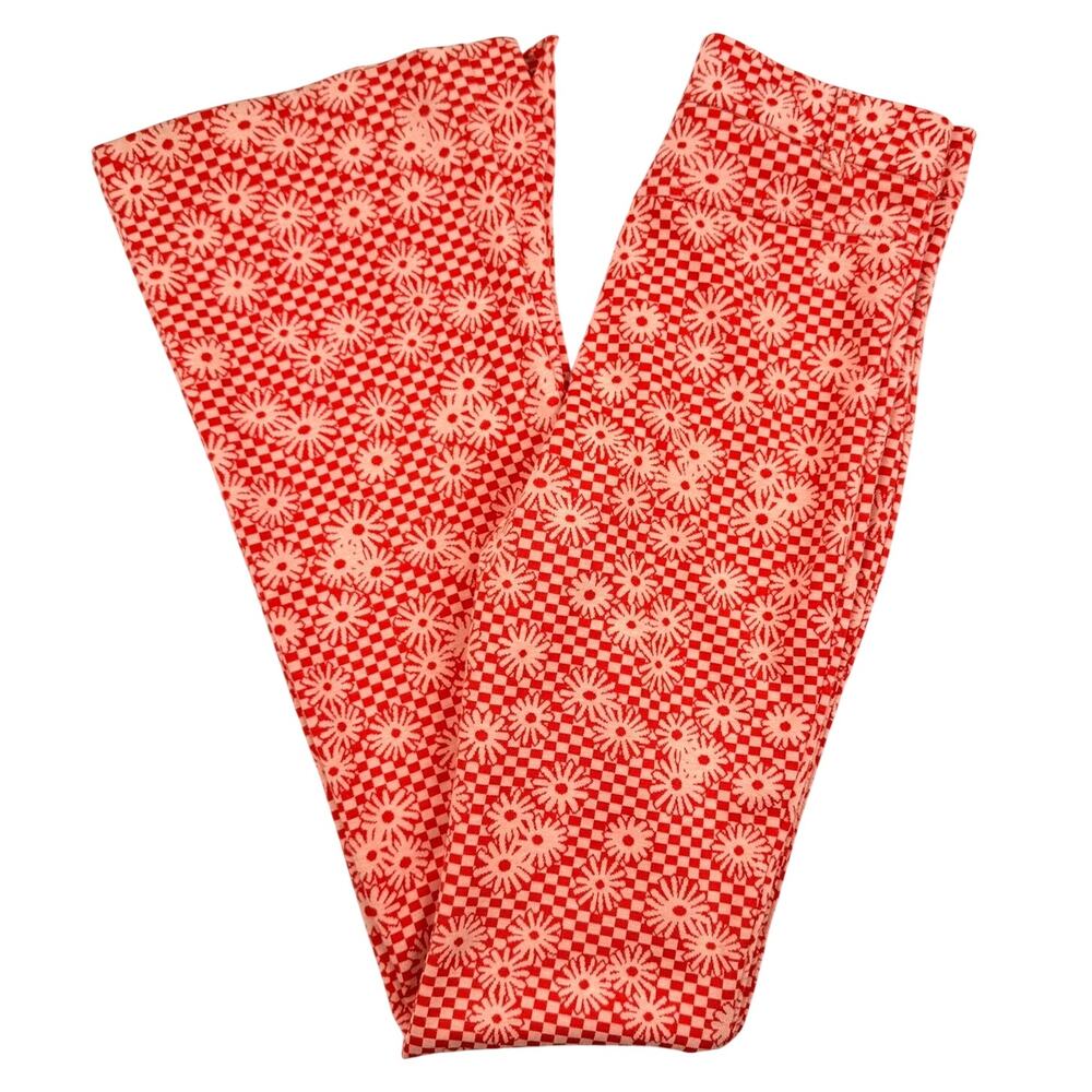 Zara Bell Bottom Pants Floral Geo Check Coral Orange Retro Funky Disco Sz Small